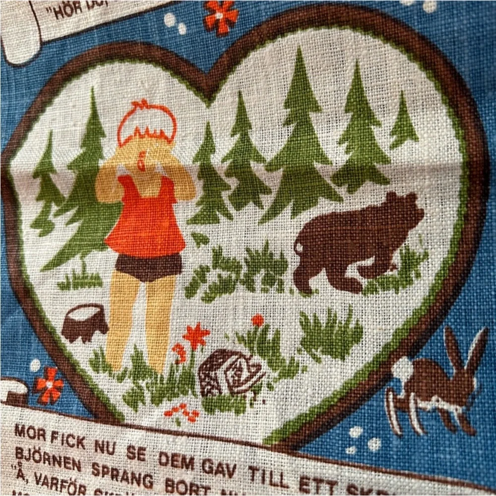 Vintage Mid-Century Scandinavian Textile Art Wall Hanging Retro Boy & Bear Story